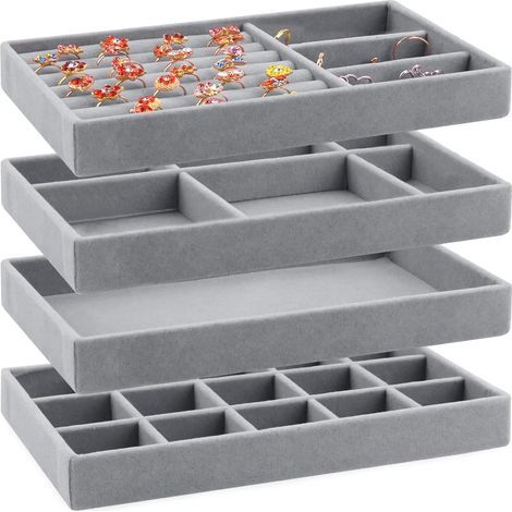 Schmucktablett-Organizer mit Schublade in Samt, 4-teiliges Schmuckkästchen-Set, stapelbare Schmucktabletts zur Aufbewahrung von Ohrringen, Armbändern, Ringen und Halsketten (grau) (1/5)