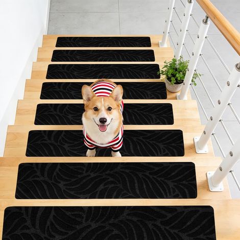 Kindfiber OÜ-Tapis d'escalier, 15 pièces, 5519cm, auto-adhésifs pour marches en bois, polyester,pour enfants, personnes âgées et animaux domestiques (noir) (1/5)