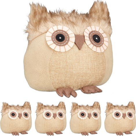 Relaxdays 5x Owl Doorstopper, Decorative Floor Bumper, for Inside, Sand-Filled Fabric Door Stop, 21 x 22 x 19 cm, Brown