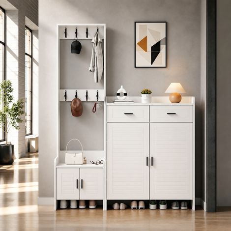 Mobile ingresso 125x36x165 cm, con 2 cassetti, 2 ante, 6 ripiani e 8 ganci, bianco, MDF (1/5)
