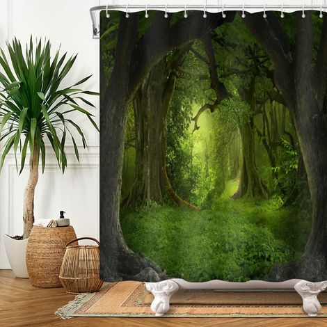 175x190cm Magie Forêt Rideau Douche Conte fée Fantasme Jungle Arbre Vert Plante Prairie Rideau Bain Naturel Paysage Rideau Baignoire Salle Bains Polyester Crochets Style 4 (1/5)