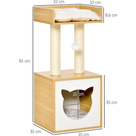Maison chat avec griffoir sisal, lit et niche, coussin lavable, balle jeu, finition chêne (1/4)