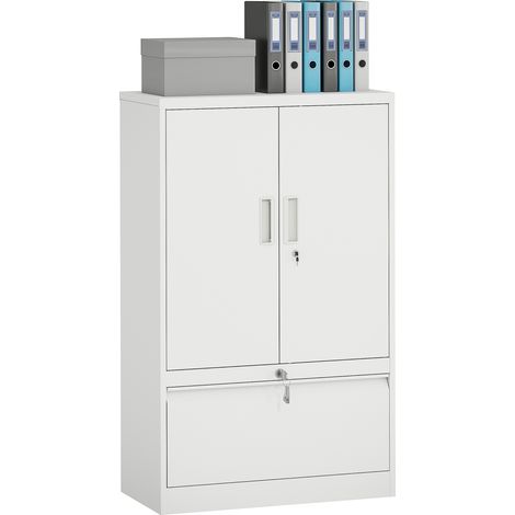 HOMCOM Armadio Portadocumenti 2 Ante in Acciaio con Serratura, Schedario da Ufficio con Ripiani Regolabile su 25 Livelli, Cassetto per Lettera/Legale/Formato A4, Mobiletto Multiuso, per Studio, Bianco (1/4)