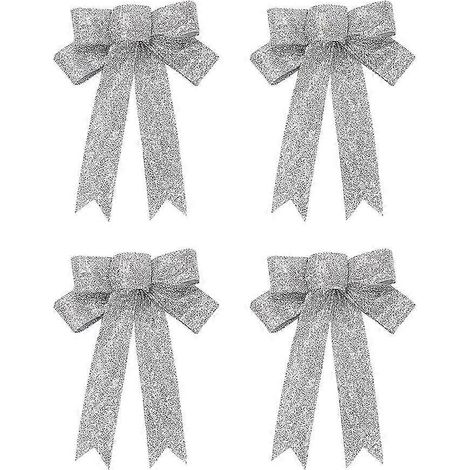 Lot de 4 nœuds papillon de Noël de 23 cm, jolis accessoires en ruban pour décorations de sapin de Noël (argenté) (1/5)