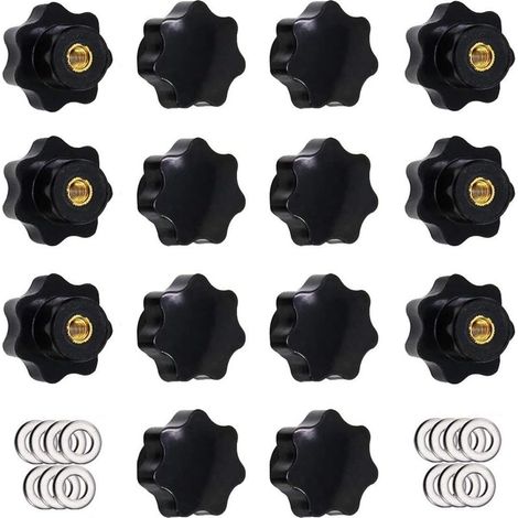 14 Pièces M6 Bouton de Serrage à Filetage Moleté, Poignée en étoile, Boutons à Main en Forme d'étoile Bouton de Serrage en Plastique Noir avec Rondelles (1/4)