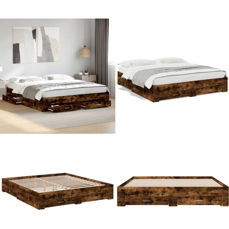 Cadre de lit avec tiroirs sans matelas chêne fumé 200x200 cm - Cadre De Lit - Lit Double - Lit Avec Tiroirs - Meuble De Chambre - Rangement Sous Lit - Home & Living