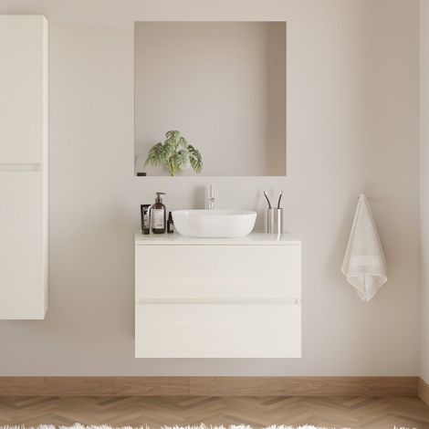 Meuble de salle de bain 70cm avec plateau et vasque à poser arrondie - 2 tiroirs - blanc brillant - IDA (1/5)