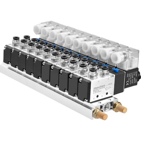 Electrovanne collecteur 10 stations 4V210-08, PT1/4 5 voies 2 positions, kit de vanne de commande pneumatique avec silencieux de base, ensemble de raccords rapides (24 VDC) (1/5)