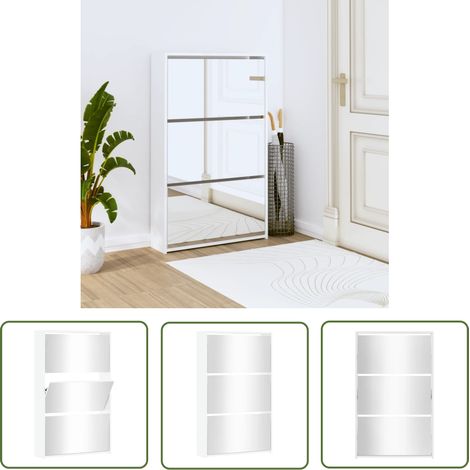 The Living Store Armoire chaussures miroir 3niveaux Blanc brillant 63x17x102,5cm - Meuble Chaussure - Armoire À Chaussures - Rangements Chaussures - Étagère Chaussures - Rangement Entrée (1/5)