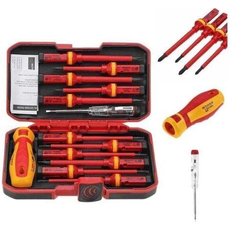 Coffret de tournevis Lot de 13 Tournevis Isolés CR-V Haute Tension 1000V Magnétique Phillips Fente Torx Tournevis Durable Outil manuel, Kit D'outils de Réparation D'électricien (1/4)