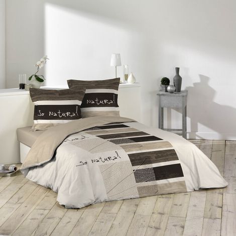 Housse de couette 240x220 cm – 2 taies d’oreiller en coton – Imprimé feuilles et bois – Lavable en machine – Cdaffaires (1/3)
