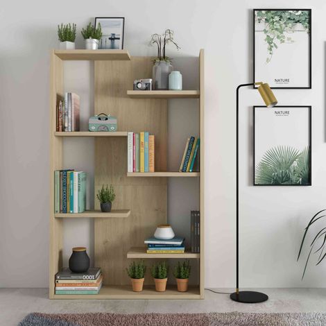 Bibliothèque 7 étagères en quinconce en bois imitation chêne clair - BI9045 (1/5)
