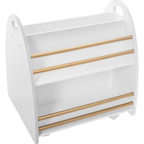 Atmosphera – Bibliothèque enfant mobile en bois massif blanc et doré – Dimensions 47,5 x 40 x 50 cm – Étagères avec protection dorée – Roulettes pour déplacement facile