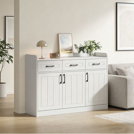Buffet en panneaux de particules blanc 120 x 35 x 80 cm avec 3 portes, 3 tiroirs et 2 tablettes réglables (1/5)