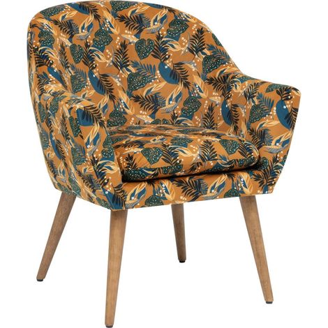 Atmosphera – Fauteuil relax motif jungle ocre – Revêtement velours doux – Dimensions L. 70,5 x P. 65 x H. 83 cm – Dossier haut et accoudoirs confortables