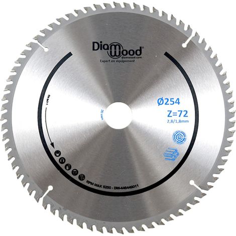 Diamwood – Lame de scie circulaire 254 mm – 72 dents TP Nég pour alu et bois – Coupe fine et précise – 5 bagues de réduction incluses