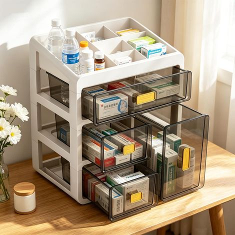 Boîte de Rangement à Quatre Tiroirs,Armoire Pharmacie en Plastique Blanc,Organiseur de Médicaments avec Tiroirs Transparents,Grand Rangement pour Medicaments et Petits Cosmétiques,pour Maison Bureau (1/5)