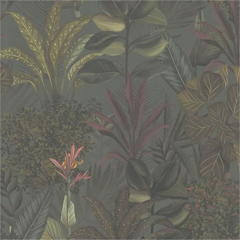 Flowers wallcovering wall Profhome 394332 hot embossed non-woven wallpaper slightly textured with jungle elements matt green claret violet olive grey 5.33 m2 (1/5)