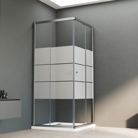 Duschkabine Eckeinstieg 75x75 cm Schiebetür Duschabtrennung Eckeinstieg Doppel Schiebetür 6mm ESG Sicherheitsglas mit weißen Querstreifen-Dekor, Duschwand Höhe 185cm, LINKS & RECHTS MONTIERBAR