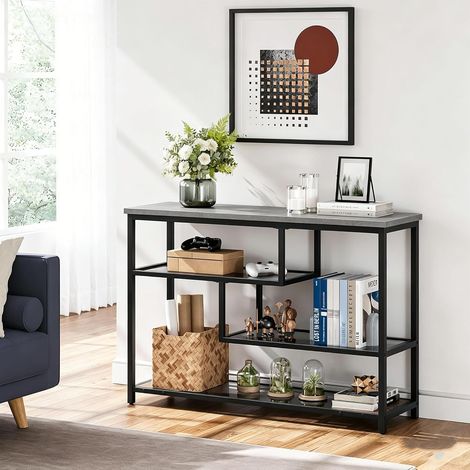 Console Étroite 100 cm à 4 Niveaux, Verre Trempé et Cadre Métal Noir, Gris (1/5)
