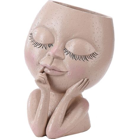 Pot de fleurs en forme de visage aux yeux fermés, en résine, avec un trou de drainage, convenant aux plantes d'intérieur et d'extérieur, brun foncé. (1/5)