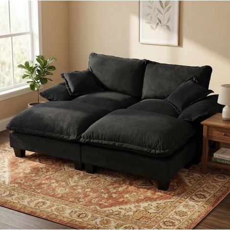 Canapé d'angle modulaire 194x151x90 cm noir en chenille avec ottomanes amovibles et coussins (1/5)