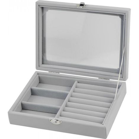 Organisateur de bijoux en velours avec couvercle en verre, 3 grilles + 7 emplacements pour bagues Herzberg HG05330 (1/3)