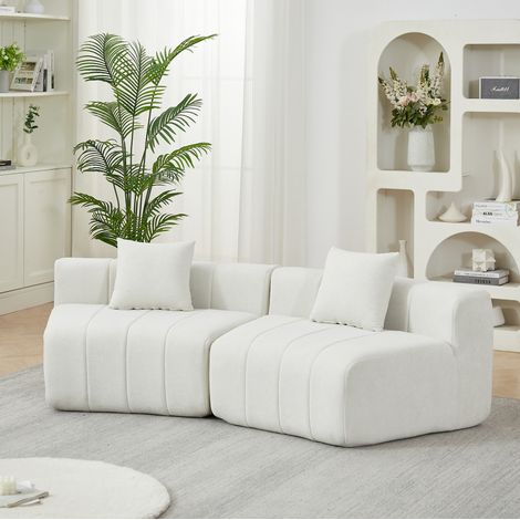 Divano modulare curvo in ciniglia beige con 2 cuscini, 223 x 83,8 x 73,6 cm (1/5)