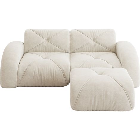 Canapé modulaire 2 places avec pouf en tissu chenille blanc résistant aux animaux (1/5)