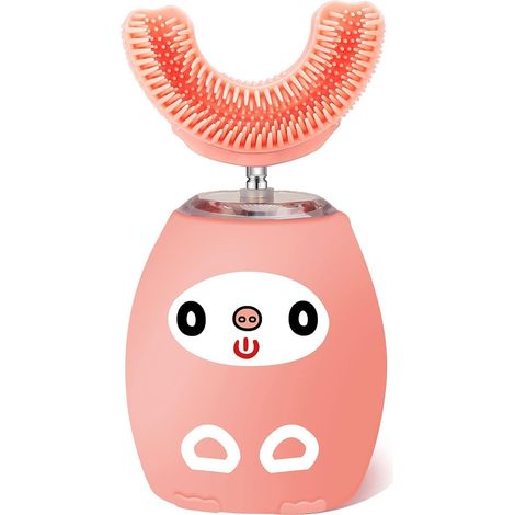 Brosse à dents électrique pour enfants en forme de U, avec minuterie, nettoyage ultrasonique automatique, 3 modes de nettoyage (3-7 ans, rose)-AquaForge