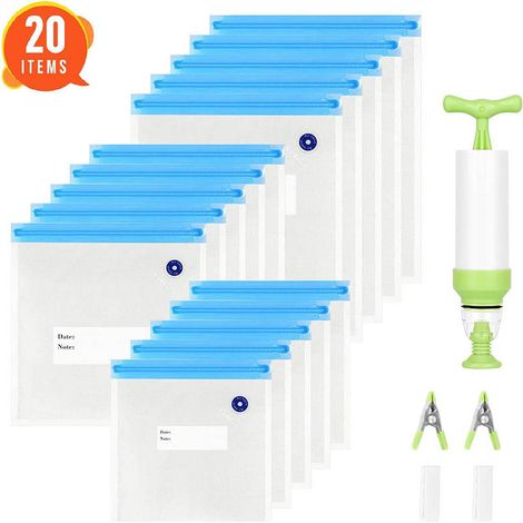 Sous Vide Bags - Reusable Vacuum Food Storage Bags - For Sous Vide Cooking - 15 Pcs (3 Sizes) + 1 Hand Pump + 6 Clips (1/5)