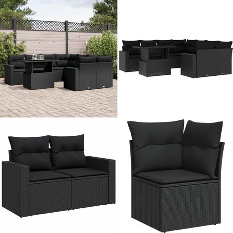 Salon de jardin 9 pcs avec coussins noir résine tressée - Ensemble Salon De Jardin - Meuble Extérieur - Salon De Jardin Pliable - Table Extensible - Chaise Lounge - Home & Living (1/5)
