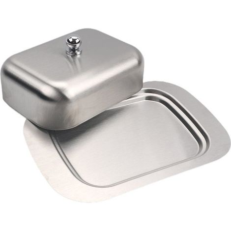 Burriera in acciaio inox con coperchio. Manico antiscivolo, burriera in metallo per il piano di lavoro, mantiene il burro fresco, adatta a panetti di burro di dimensioni standard. (1/5)