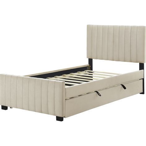 Lit rembourré 90 x 190 cm avec lit gigogne, lit simple bas en tissu velours doux pour la peau, lit d'enfant, lit junior, lit d'appoint (beige)