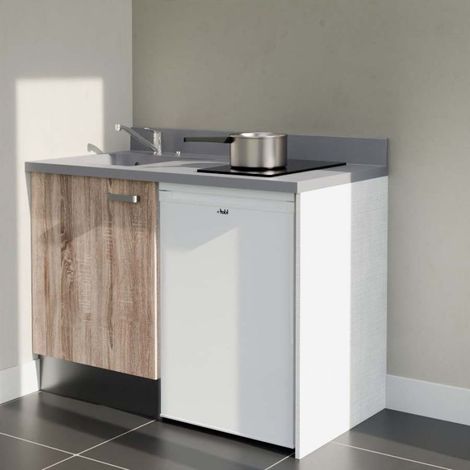 Kitchenette K08L - 120 cm - plan monobloc évier intégré Cromo- évier à gauche - Façades Bois + Electroménager inclus coloris Blanc