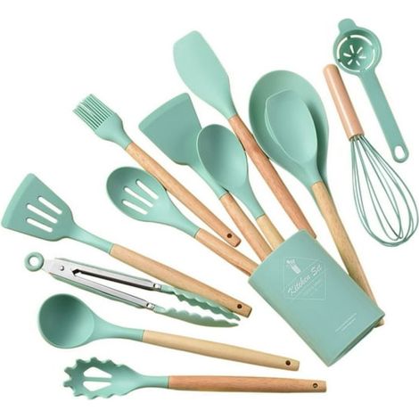 Juego de 14 utensilios de cocina de silicona con mangos de madera, resistentes al calor hasta 220 °C, antiadherentes, aptos para lavavajillas, para cocinas modernas. (1/5)