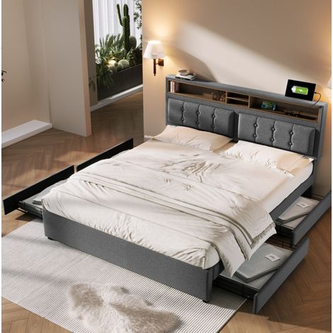 Polsterbett 160/200 cm 163/204/92-104 cm grau aus Leinen mit USB-C und 4 Schubladen (1/5)