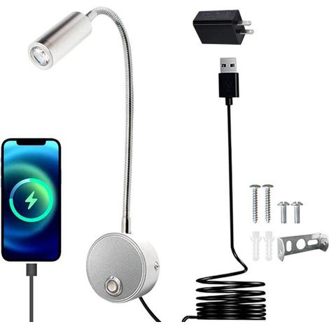 3W Lampe de chevet murale LED avec interrupteur tactile dimmable et port de charge USB,liseuse de lit pivotante à 360° avec prise et câble pour chambre, 3000-6000K,argent [Classe énergétique B] (1/4)
