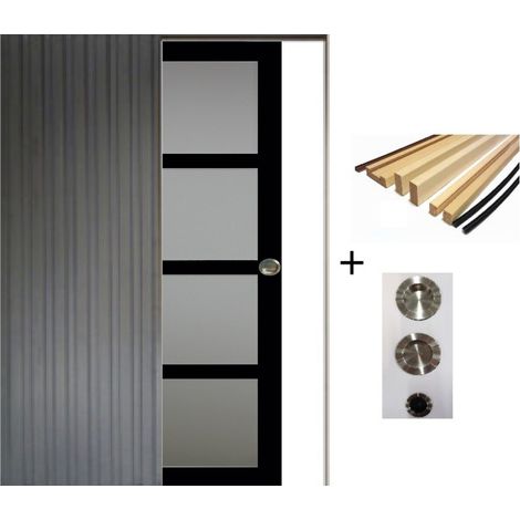 Porte Coulissante Telia Noir Vitrée H204 X L73 Cm, Galandage, Kit Finition (coquille Et Tire Doigt) Gd Menuiseries