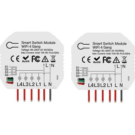 Lot de 2 modules d'interrupteurs intelligents WiFi à 4 voies Tuya, compatibles avec les variateurs de lumière intelligents contrôlés à distance via application et interrupteurs de rideaux. (1/5)