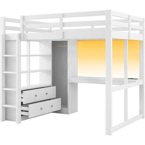 Hochbett 140x200 Weiß mit Schreibtisch, 2 Schubladen, Regalen, LED und USB, HOMVRA (1/5)