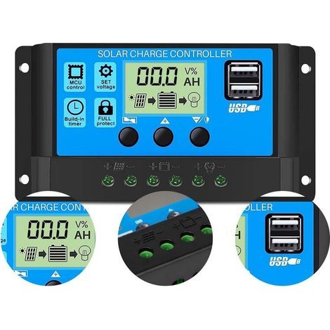 Régulateur de charge solaire 30A 12V/24V – Écran LCD – 5V double port USB – Protection contre surintensités – Compatible batteries plomb-acide (1/5)