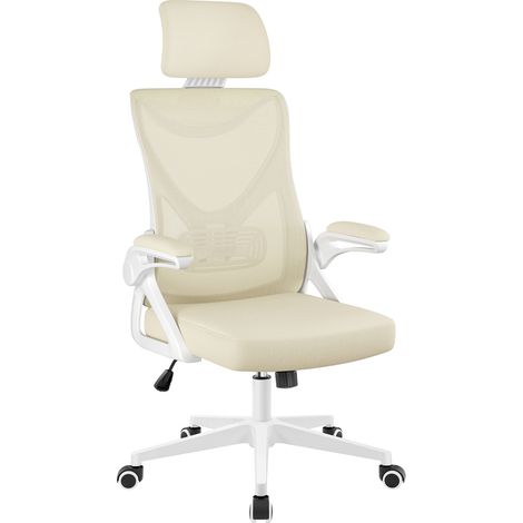 Yaheetech Sedia Ufficio Ergonomica con Braccioli Poggiatesta Regolabile Schienale Alto Funzione Dondolo Poltrona Scrivania Girevole in Rete Traspirante con Supporto Lombare Beige