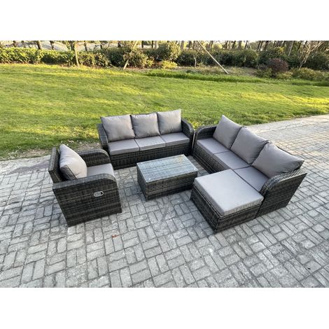 Fimous 8 places Ensemble de canapés en rotin avec Canapé 3 places Chaise inclinable Canapé 3 places Grand tabouret Gris foncé mixte (1/5)