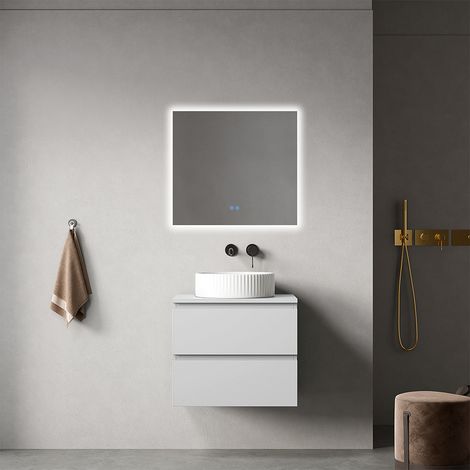 Mobile bagno sospeso 60 cm Bianco Opaco per Lavabo d'appoggio Specchio Quadro Retroilluminato - Fiji Paint Top (1/4)