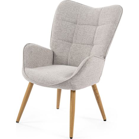 MEUBLES COSY Sessel mit grauer Stoffpolsterung, Metallrahmen der Rückenlehne, Sitzfläche aus Sperrholz und Beinen aus Naturholz im skandinavischen Stil.