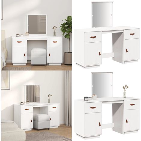 Set Toeletta con Specchio Bianco in Legno Massello di Pino - Tavolo da trucco - Specchio in legno