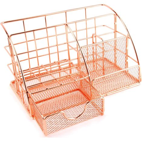 Boîte de rangement de bureau en métal grillagé avec tiroirs et porte-stylo, 6 compartiments pour ranger stylos, agrafeuses, dossiers, notes adhésives, etc., un organiseur de bureau peu encombrant. (1/5)