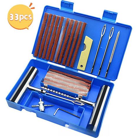 Ensemble de 33 pièces, kit de réparation de pneus, kit anti-crevaison pour voiture, outils de réparation de crevaison, adapté aux pneus de voiture et de moto (1/4)