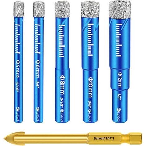 Coffret de forets pour carrelage, forets diamantés pour percer le grès cérame de 5, 6, 8, 10, 12 mm, forets métalliques pour carrelage de 6 mm, forets céramiques pour verre, granit, marbre, quartz et (1/3)